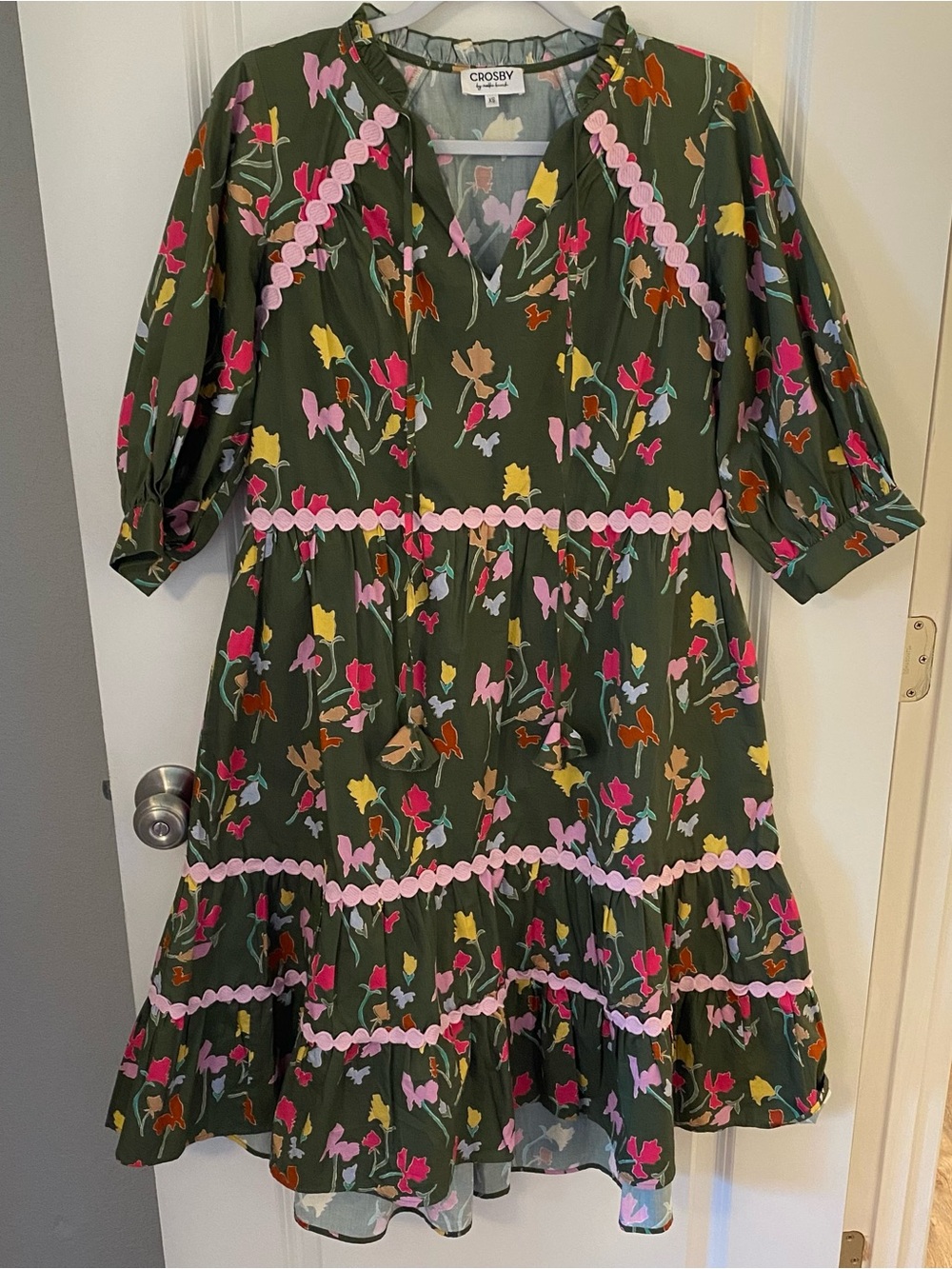 CROSBY by Mollie Burch Olive Floral Ruffle Dress with Pink Scallop Trim